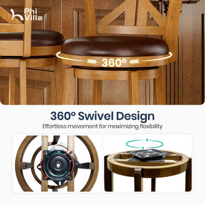 360° Swivel Farmhouse Wood Bar Stools with Patented K-Shaped Back