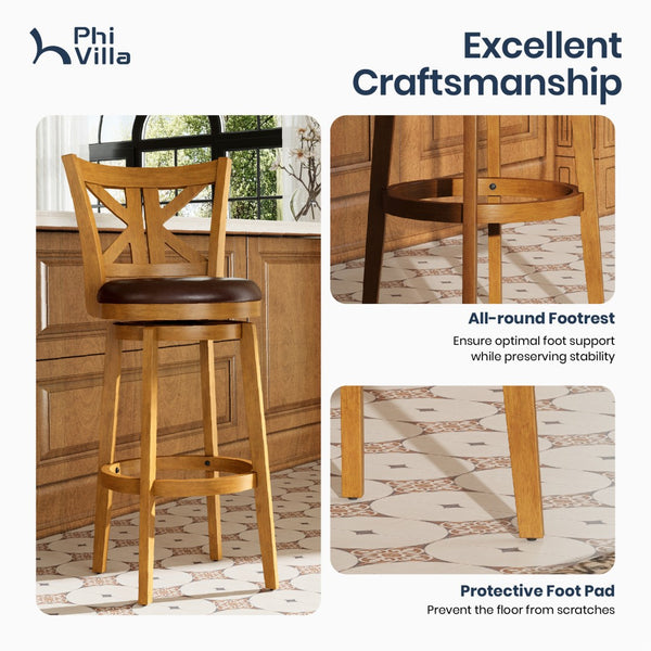 360° Swivel Farmhouse Wood Bar Stools with Patented K-Shaped Back
