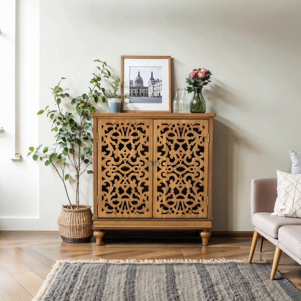 Vintage & Chic Hollow-Carved Accent Cabinet