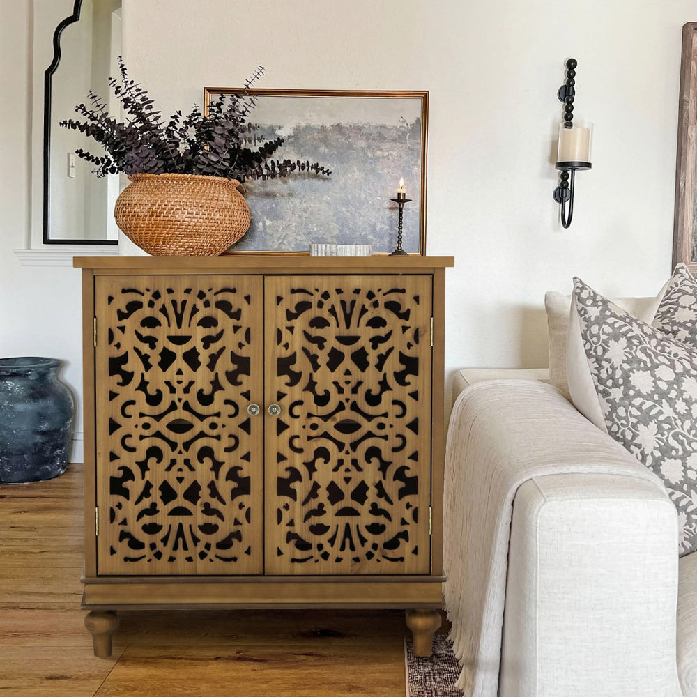 Vintage & Chic Hollow-Carved Accent Cabinet