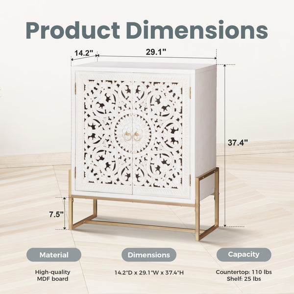 White Accent Cabinet with 2 Hollow-Carved Doors