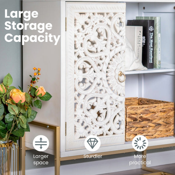 White Accent Cabinet with 2 Hollow-Carved Doors
