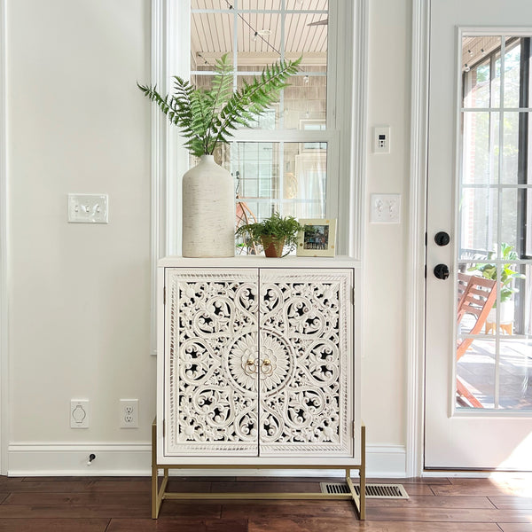 White Accent Cabinet with 2 Hollow-Carved Doors