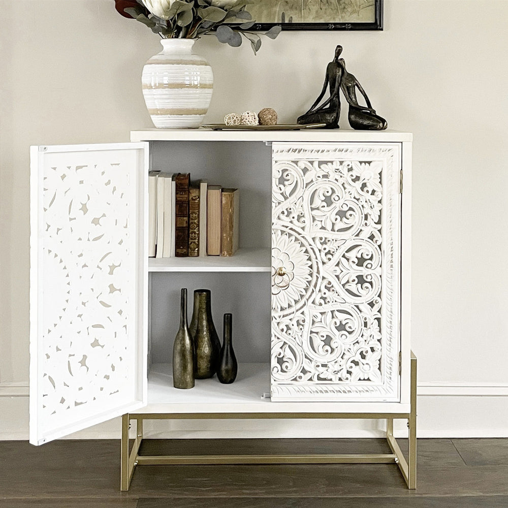 White Accent Cabinet with 2 Hollow-Carved Doors