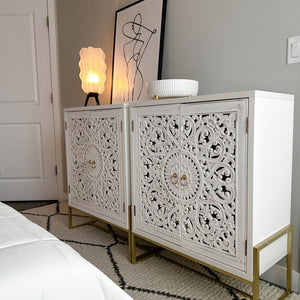 White Accent Cabinet with 2 Hollow-Carved Doors