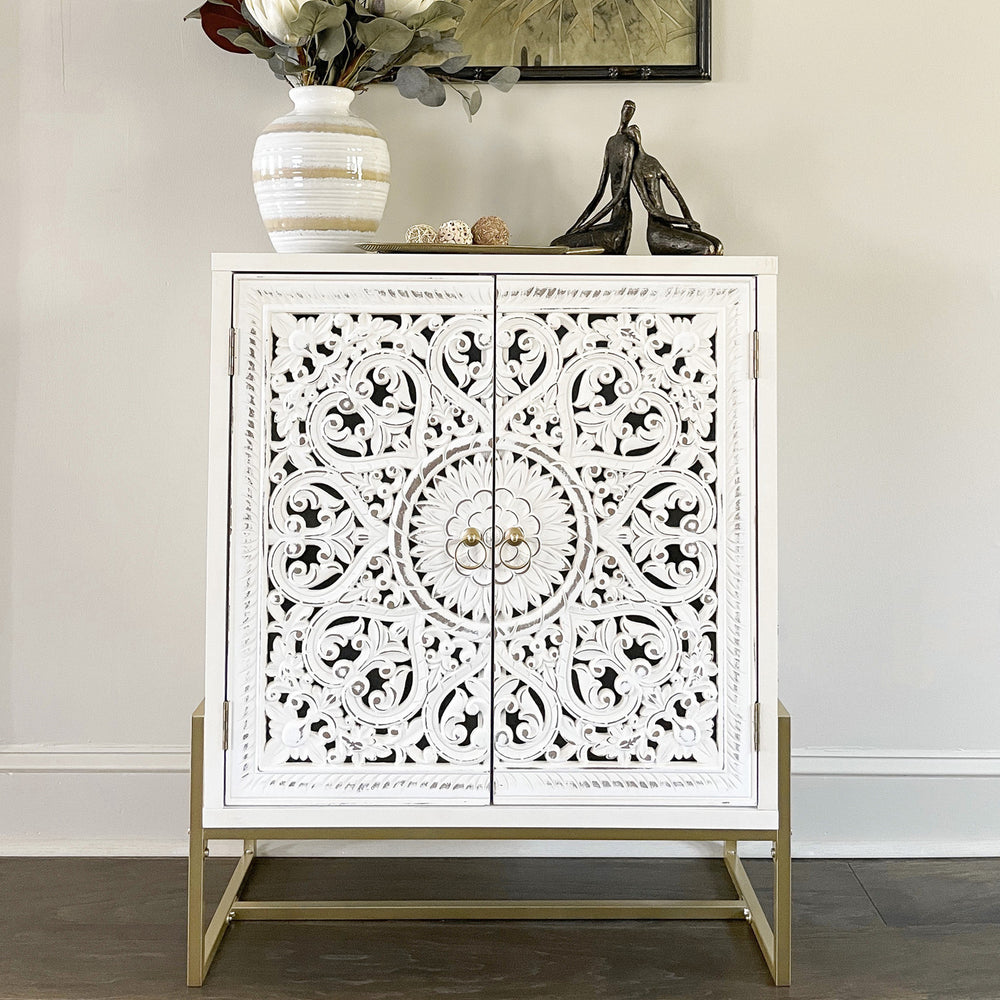 White Accent Cabinet with 2 Hollow-Carved Doors