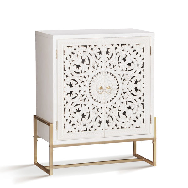 White Accent Cabinet with 2 Hollow-Carved Doors
