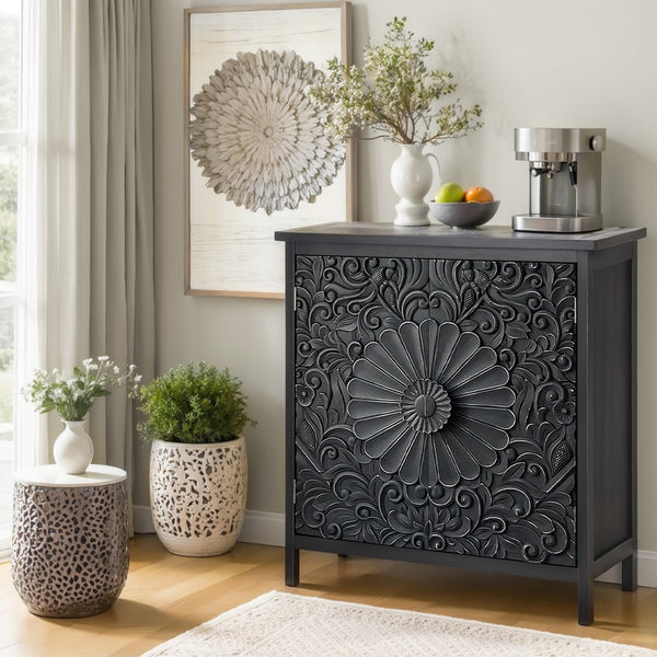 Black Accent Cabinet with Carved Floral Design