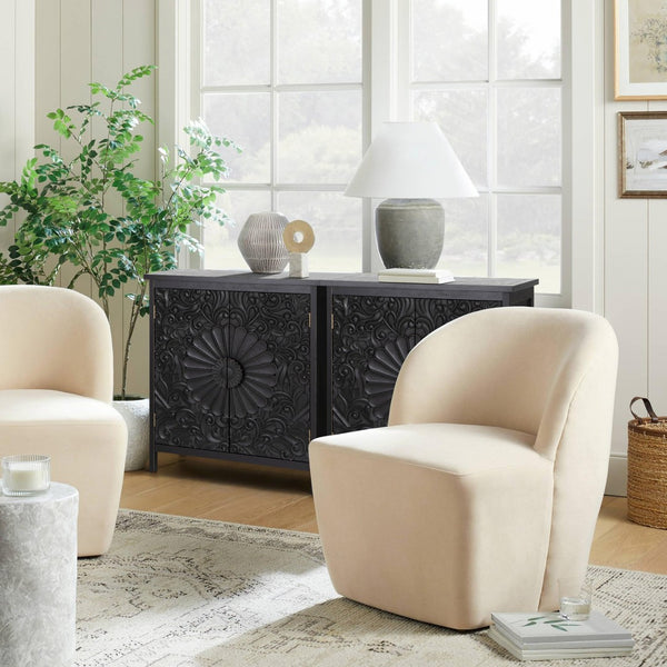 Black Accent Cabinet with Carved Floral Design