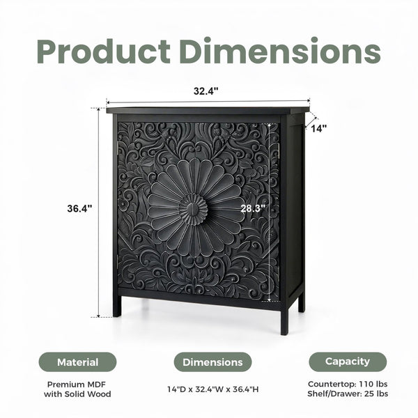Black Accent Cabinet with Carved Floral Design