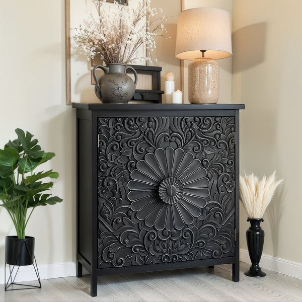 Black Accent Cabinet with Carved Floral Design