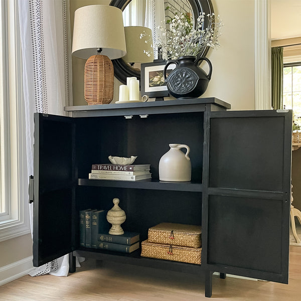 Black Accent Cabinet with Carved Floral Design