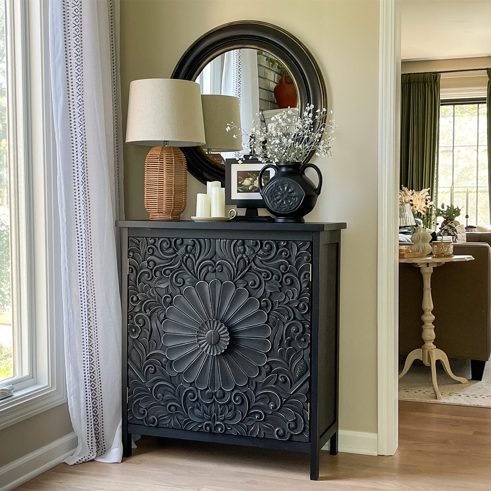 Black Accent Cabinet with Carved Floral Design
