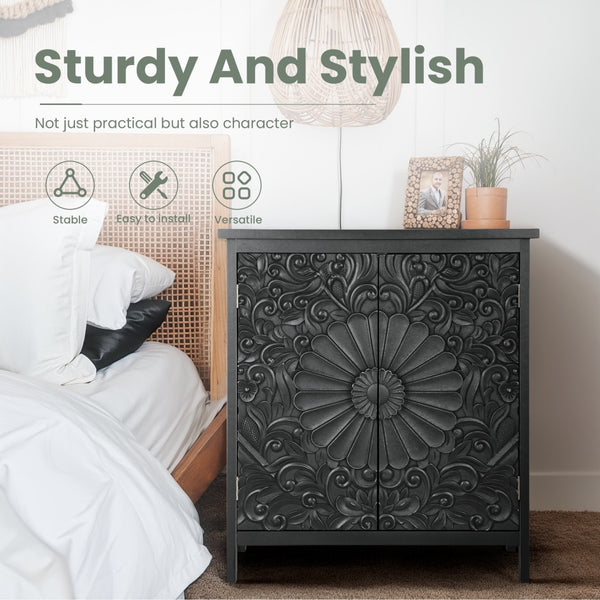 Black Accent Cabinet with Carved Floral Design