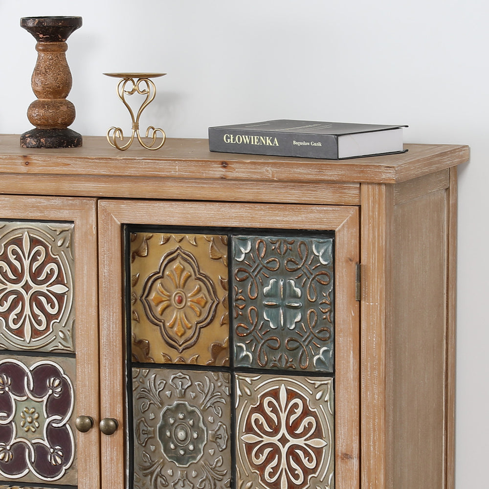 Antique Metal Block Veneer Accent Cabinet