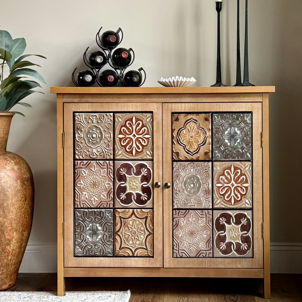 Antique Metal Block Veneer Accent Cabinet