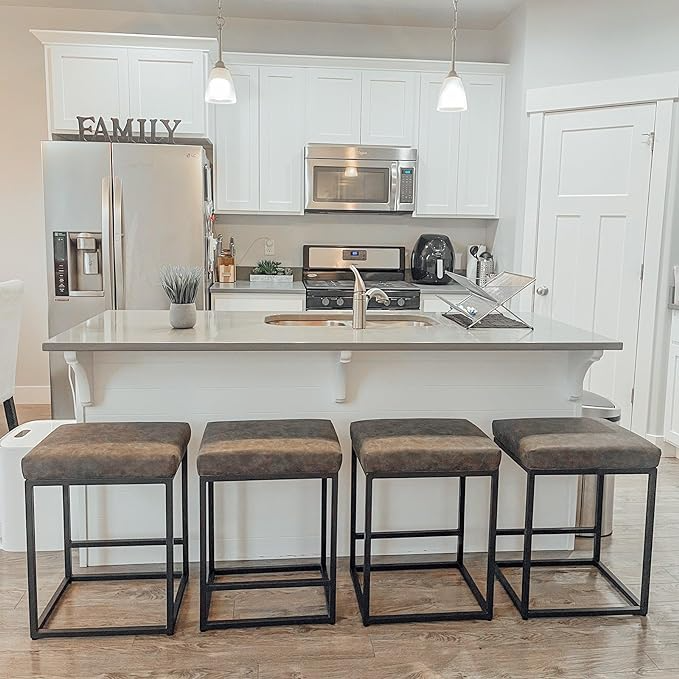 24" Backless PU Leather Bar Stools for Kitchen Island with Sturdy Metal Frame- Set of 4