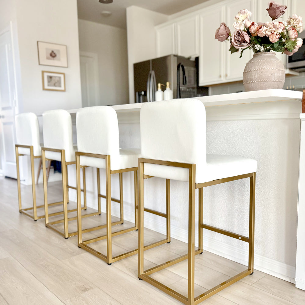 White PU Leather Bar Stools with Backrest – 24" Counter Height, Set of 4