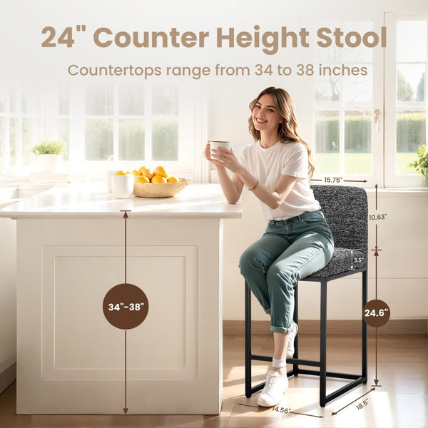 24 Inch Counter Height Bar Stool Chenille Upholstered with Backrest- Set of 4