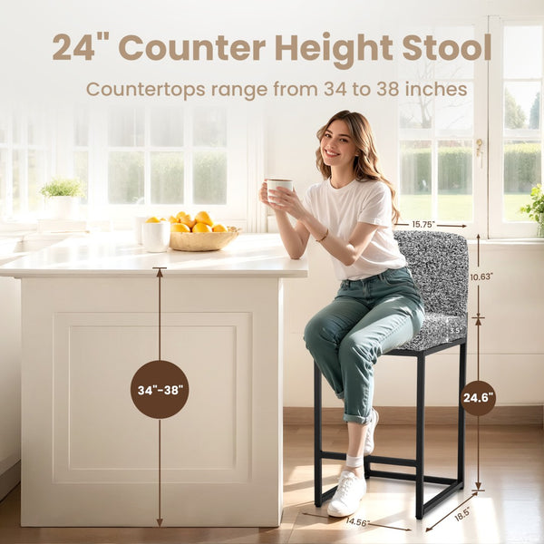 24 Inch Counter Height Bar Stool Chenille Upholstered with Backrest- Set of 4