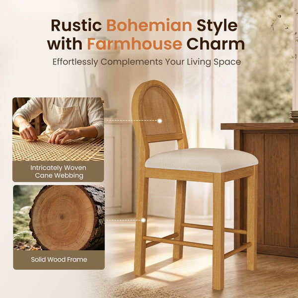 24" Boho Farmhouse Counter Height Bar Stool with Woven Cane Back
