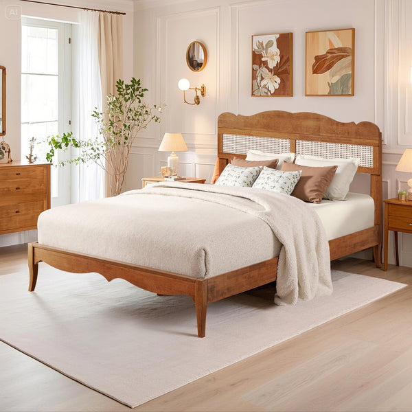 Phi Villa Classic Style Wooden Bed Frame with Rattan Headboard