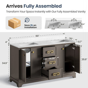 Modern Fully Assembled Double Sink Bathroom Vanity with Marble Top