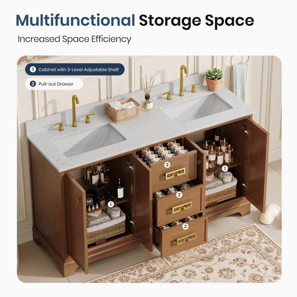 Modern Fully Assembled Double Sink Bathroom Vanity with Marble Top