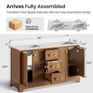 Modern Fully Assembled Double Sink Bathroom Vanity with Marble Top