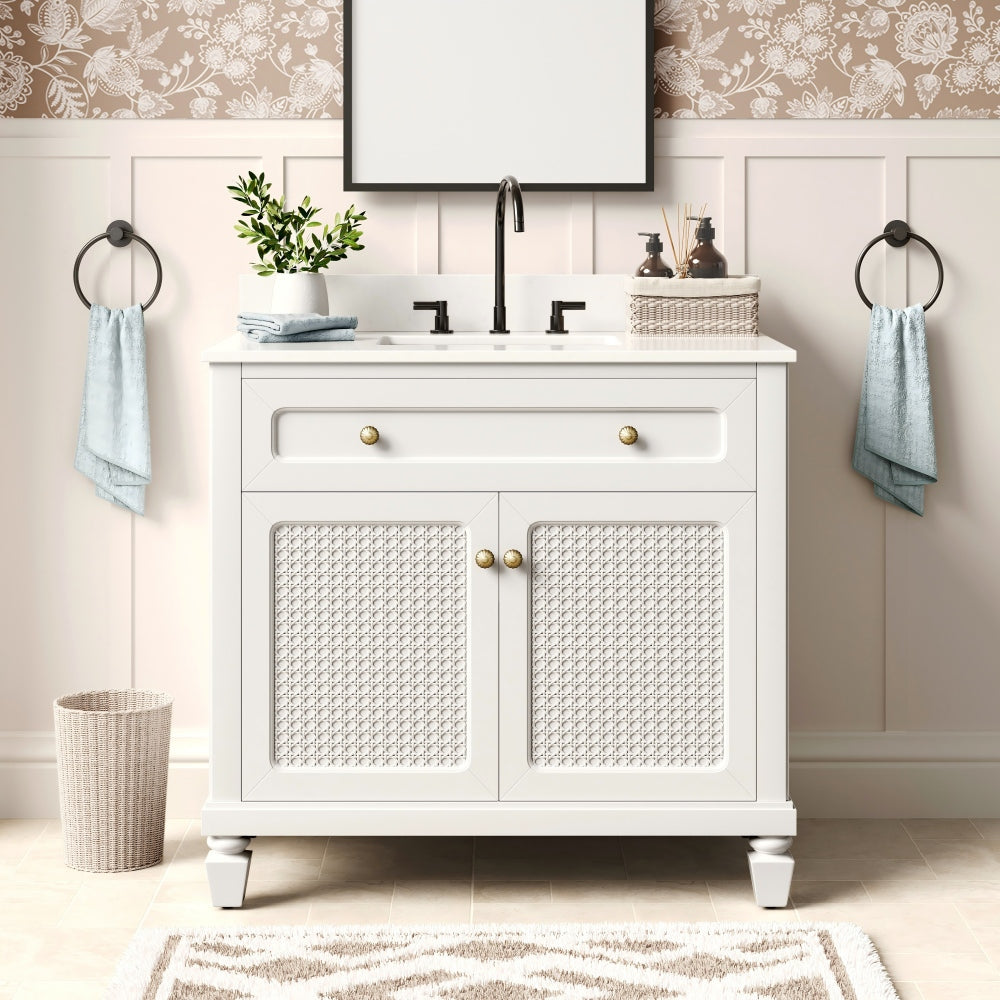 36 inch Solid Wood Single Bathroom Vanity with Marble Top
