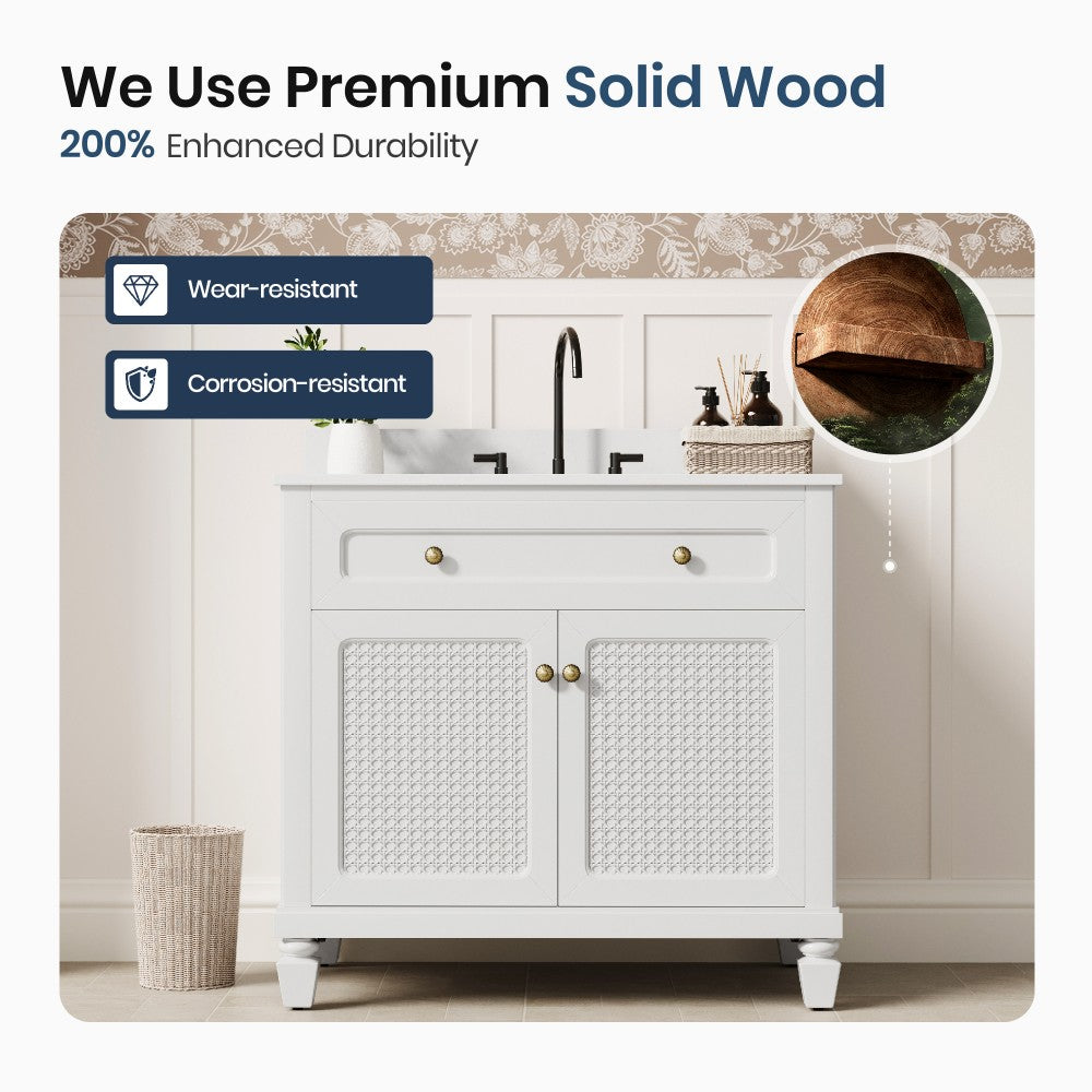 36 inch Solid Wood Single Bathroom Vanity with Marble Top