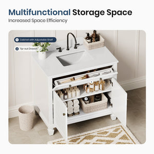 36 inch Solid Wood Single Bathroom Vanity with Marble Top