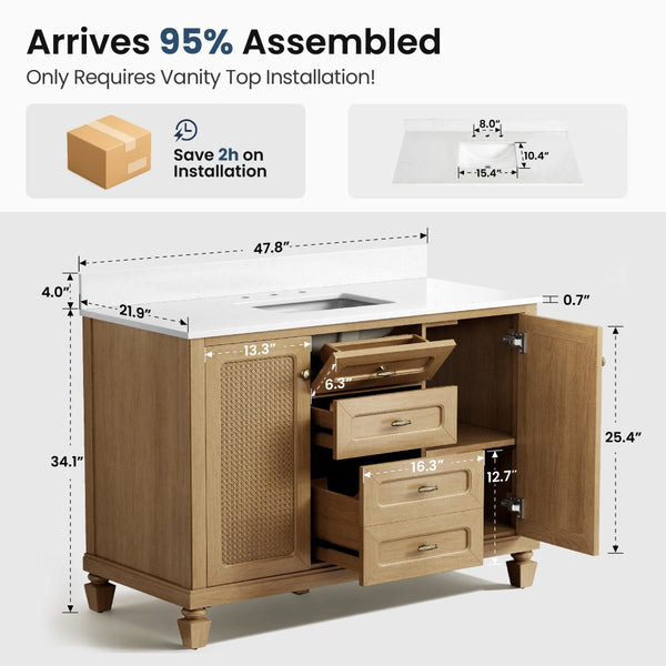 Modern Freestanding Bathroom Vanity with Solid Wood Cabinet and Stone Countertop