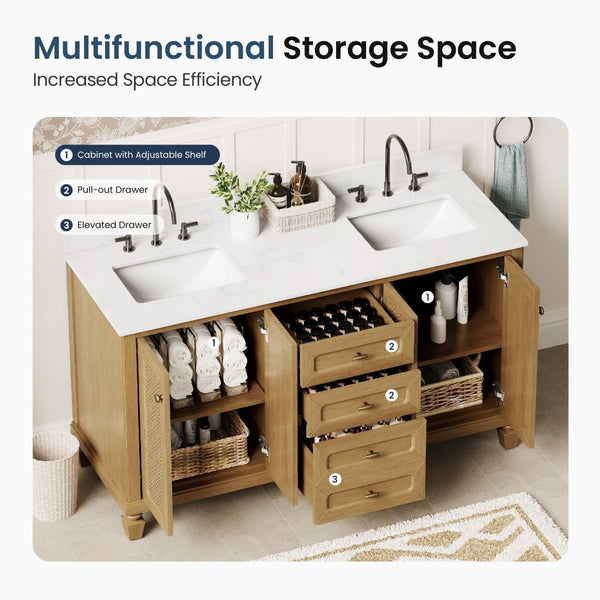 Modern Freestanding Bathroom Vanity with Solid Wood Cabinet and Stone Countertop