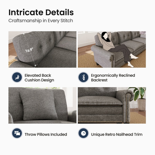 Charleston Linen-Look L-Shaped Living Room Couch with Ottoman