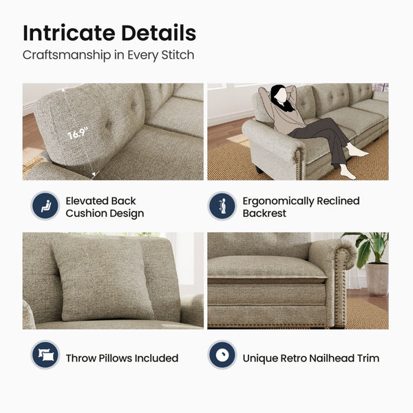 Charleston Linen-Look L-Shaped Living Room Couch with Ottoman