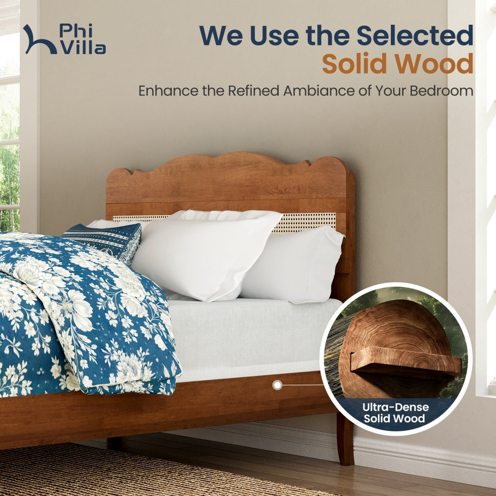 Phi Villa Classic Style Wooden Bed Frame with Rattan Headboard