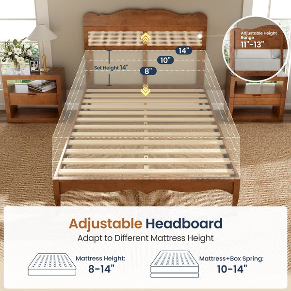 Phi Villa Classic Style Wooden Bed Frame with Rattan Headboard