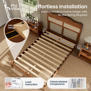Phi Villa Classic Style Wooden Bed Frame with Rattan Headboard