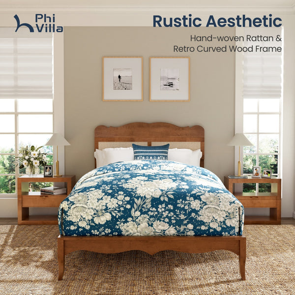 Phi Villa Classic Style Wooden Bed Frame with Rattan Headboard