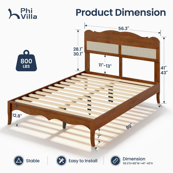Phi Villa Classic Style Wooden Bed Frame with Rattan Headboard