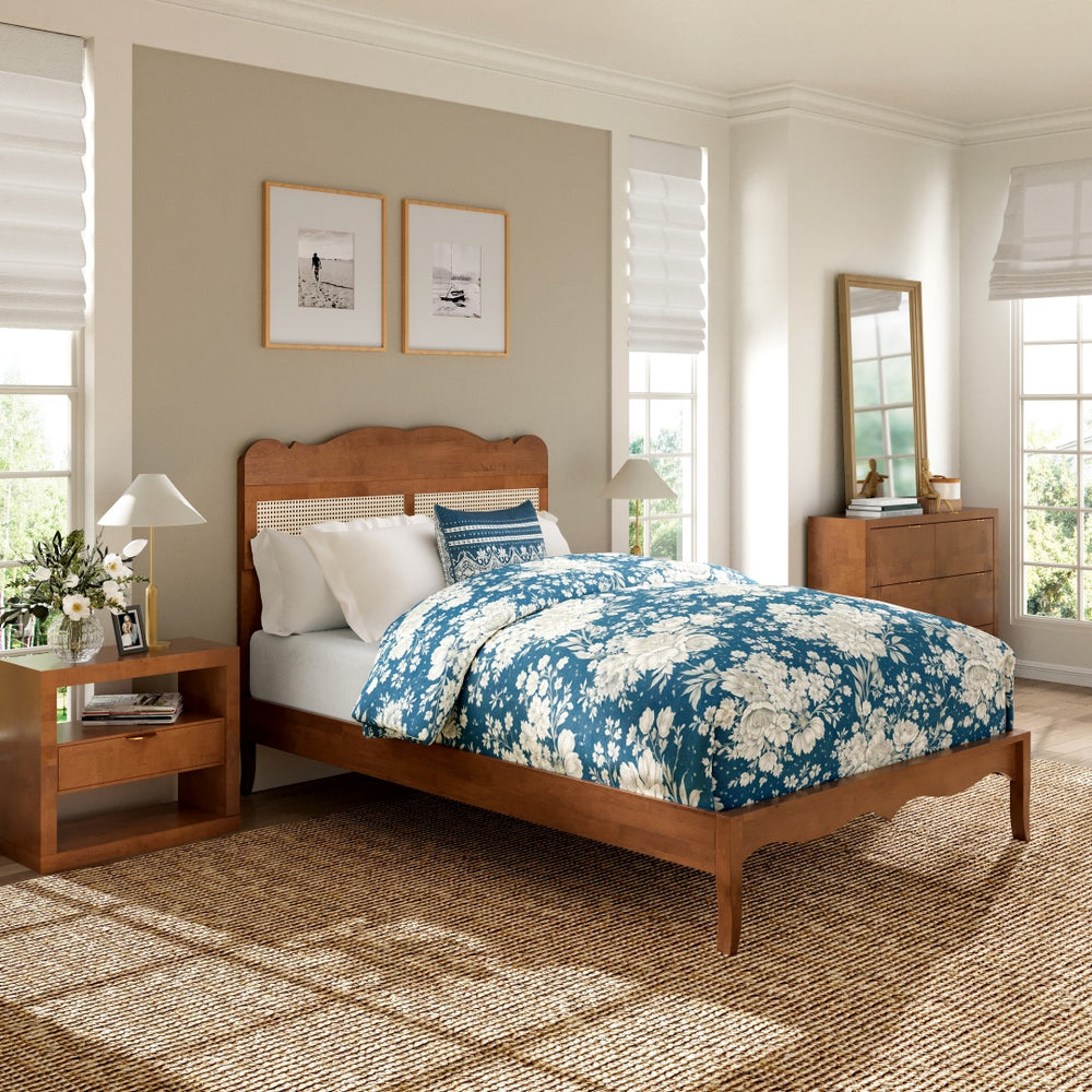 Phi Villa Classic Style Wooden Bed Frame with Rattan Headboard