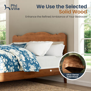 Phi Villa Classic Style Wooden Bed Frame with Rattan Headboard