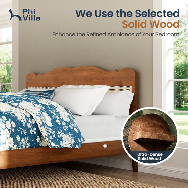 Phi Villa Classic Style Wooden Bed Frame with Rattan Headboard