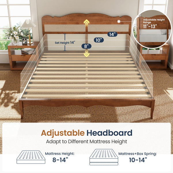 Phi Villa Classic Style Wooden Bed Frame with Rattan Headboard
