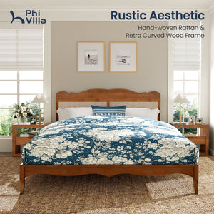 Phi Villa Classic Style Wooden Bed Frame with Rattan Headboard