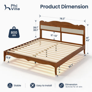 Phi Villa Classic Style Wooden Bed Frame with Rattan Headboard