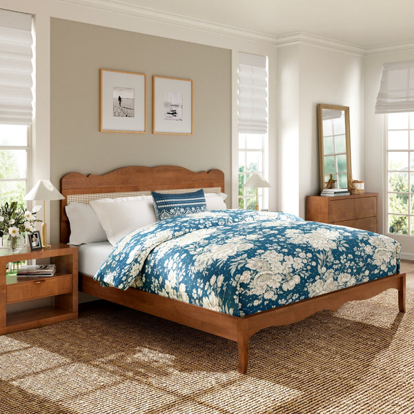 Phi Villa Classic Style Wooden Bed Frame with Rattan Headboard