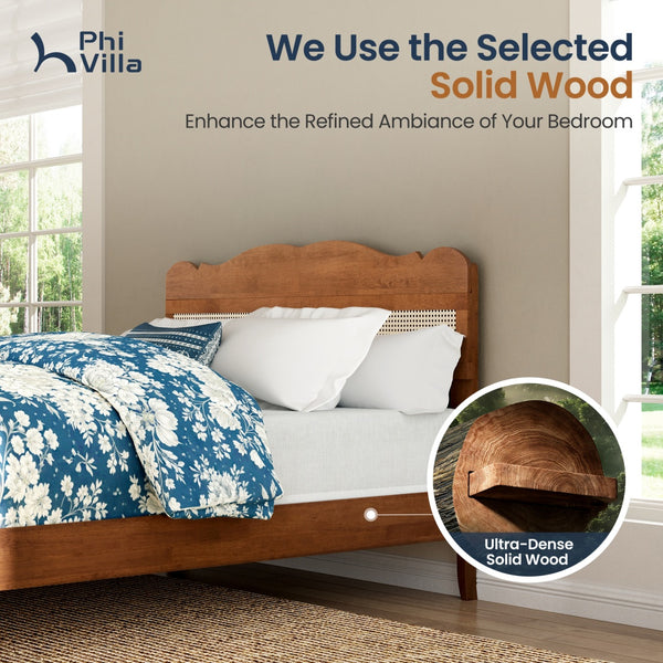 Phi Villa Classic Style Wooden Bed Frame with Rattan Headboard