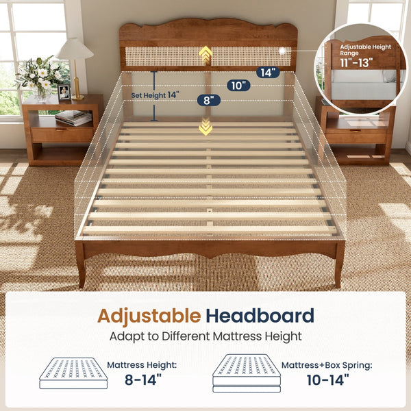 Phi Villa Classic Style Wooden Bed Frame with Rattan Headboard